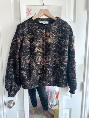 BURU XS Black Metallic Splatter Textured Snappy Pullover Sweater